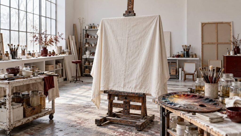 Toile entièrement voilée sur un chevalet dans un atelier de restauration