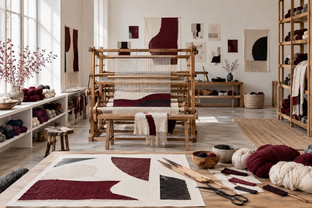 Métier à tisser en bois et écheveaux de laine dans un atelier de tapisserie