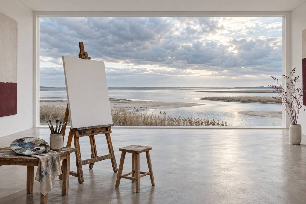Chevalet avec toile vierge et palette de gris face à un estuaire sous un ciel nuageux