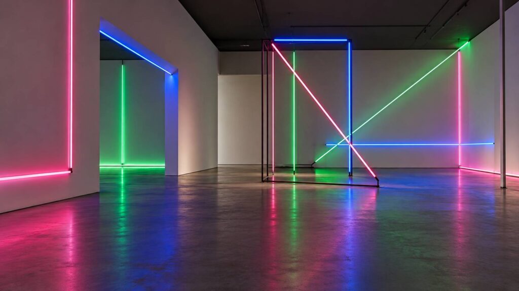 Installation de tubes néon colorés sur murs blancs dans une salle sombre