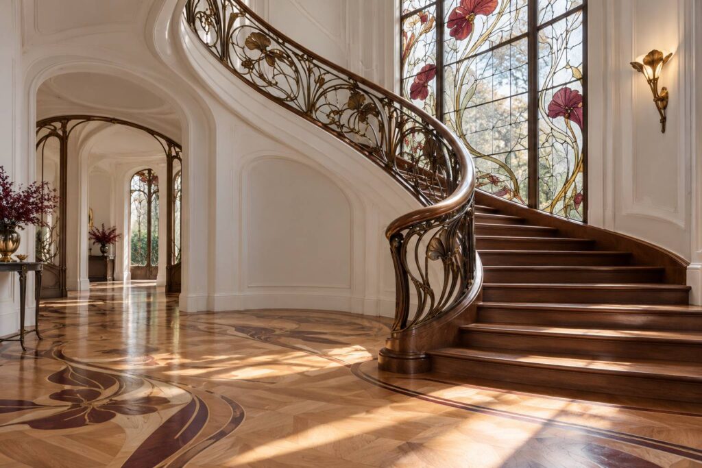 Intérieur art nouveau avec rampe courbée, ferronnerie et vitrail floral abstrait