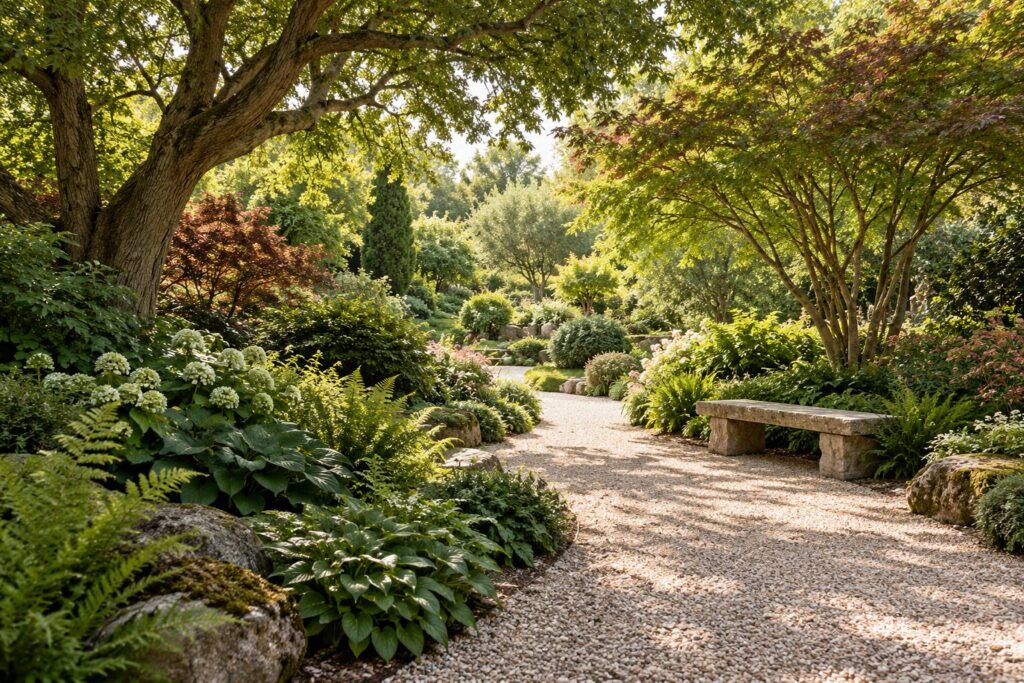 Jardin luxuriant à la lumière filtrée avec allée de gravier et banc de pierre