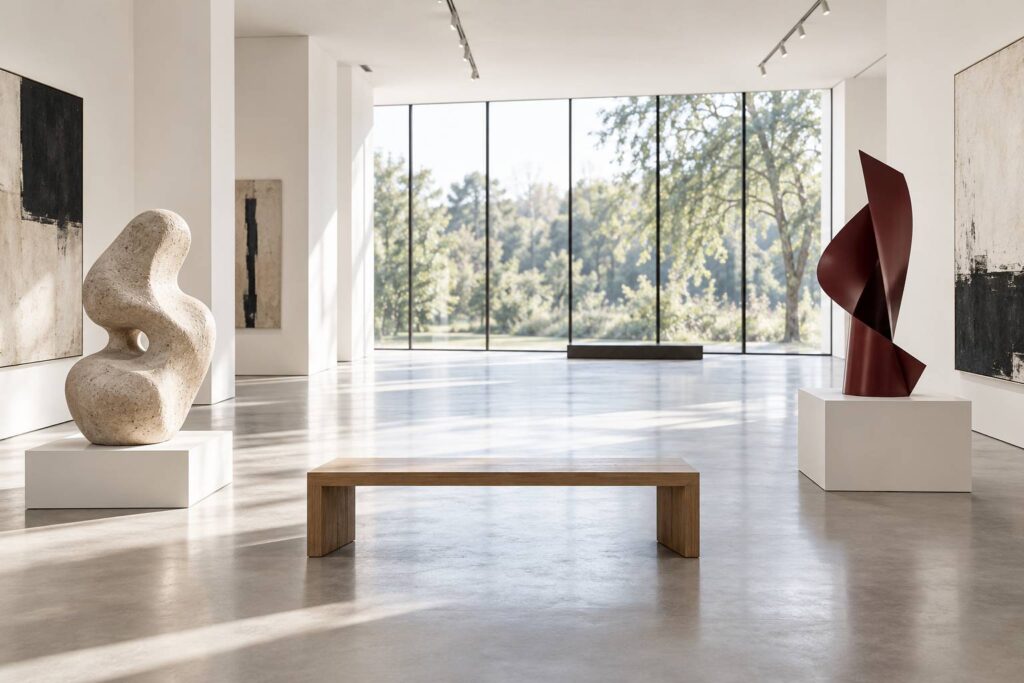 Salle d'exposition claire avec deux sculptures abstraites sur socles et banc de bois
