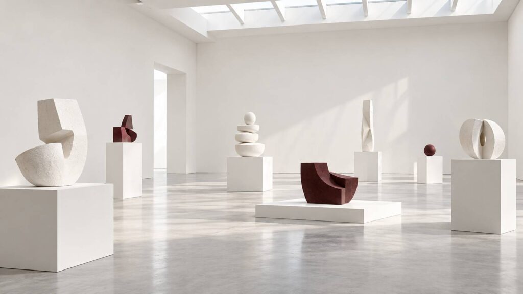Salle d'exposition vide avec socles blancs et formes abstraites en plâtre