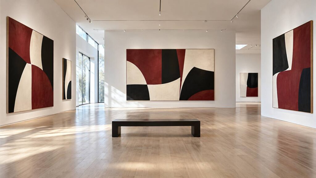 Salle d'exposition blanche avec grandes toiles aux formes decoupees et colorees et un banc