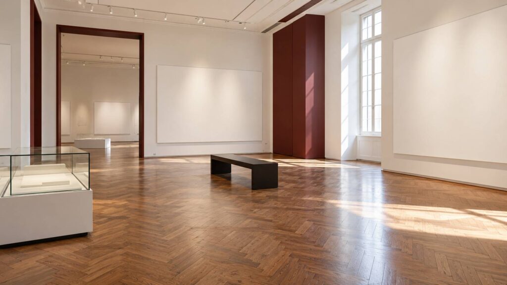 Salle de musée vide avec vitrine sur socle et éclairage muséal rasant